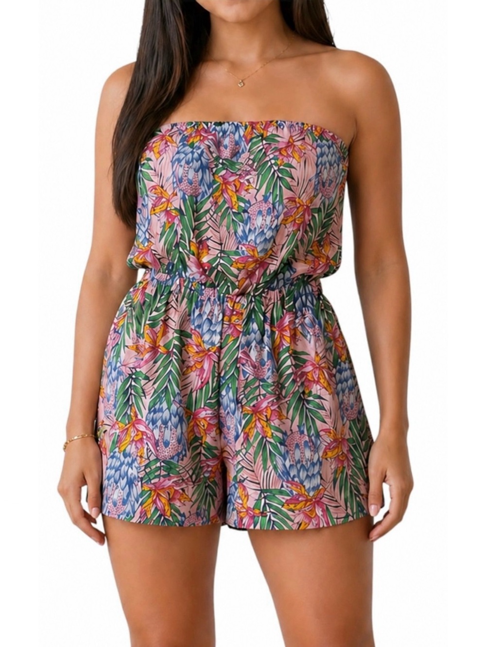 H&M Divided Pink Tropical Strapless Romper Small US 4